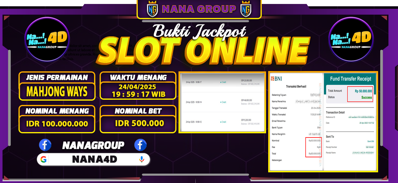 Bukti Kemenangan Besar Dibayar lunas Member NANA4D RP 100.000.000, 25 April 2025