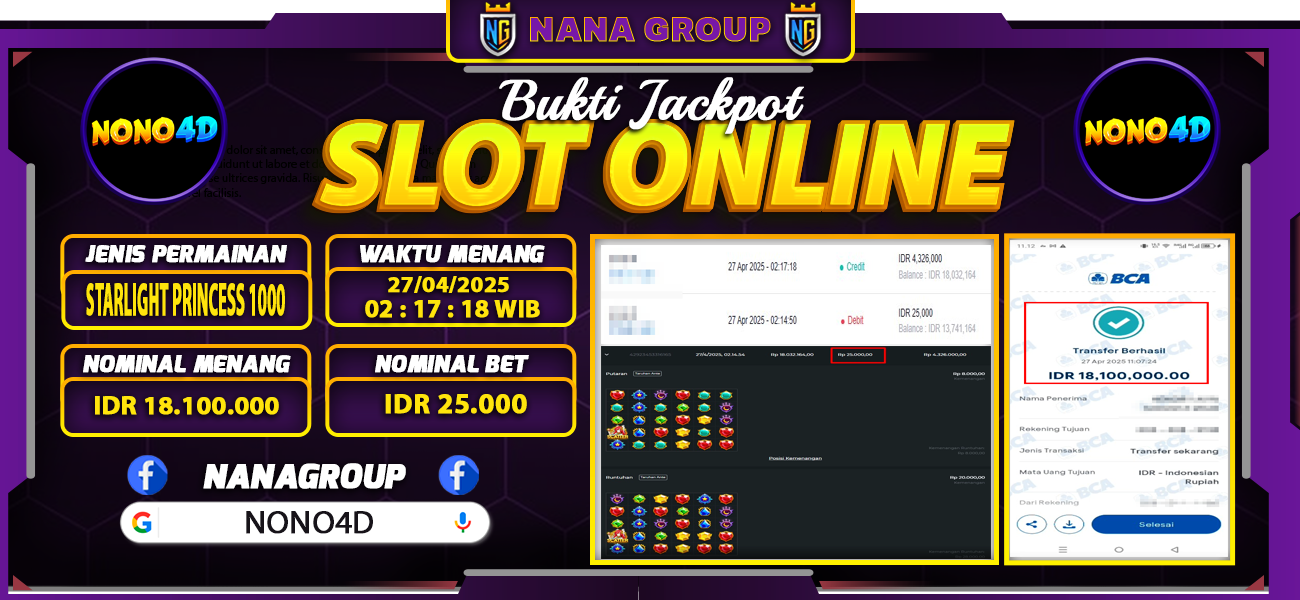 Bukti Kemenangan Besar Dibayar lunas Member NONO4D RP 18.100.000, 27 April 2025